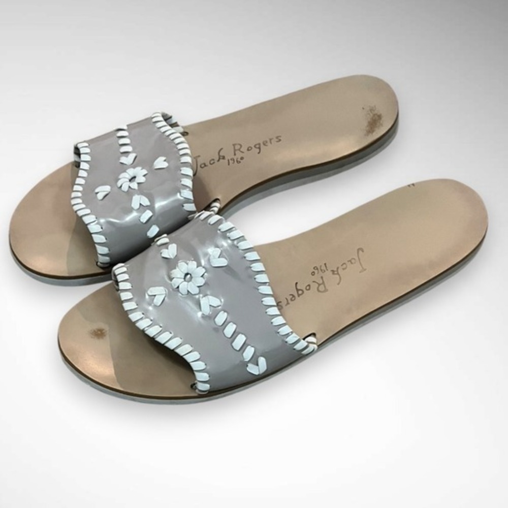 JACK ROGERS Sanibel Slide Sandals Gray and White Patent Leather Size 9.5 | EUC‎